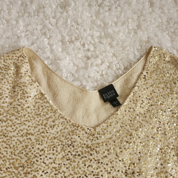 Eileen Fisher 80% Silk Cotton Sz L Vintage Gold Sequin V-Neck Top Party Evening - Picture 10 of 16